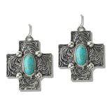 110159, WESTERN OVAL TURQUOISE ACCENT ENGRAVED CROSS EARRING