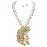 110167, BOLD LEAF PENDANT PEARL BEADED NECKLACE wholesale fashion jewelry - GOOD FEELINGS, INC