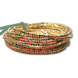 110182, GOLD PLAITING WITH CHRISTMAS PAVE RHINESTONE MULTI LAYERED STRETCH BRACELET SET