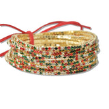110182, GOLD PLAITING WITH CHRISTMAS PAVE RHINESTONE MULTI LAYERED STRETCH BRACELET SET