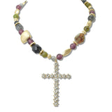 110205, MULTICOLOR GEMSTONE BEADED NECKLACE WITH CRYSTAL CROSS PENDANT