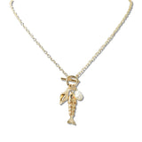 110208, GOLD FISH SEASHELL FRESHWATER PEARL CHARM TOGGLE NECKLACE