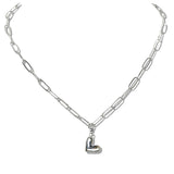 110223, PUFFY HEART PENDANT STAINLESS STEEL PAPERCLIP CHAIN NECKLACE