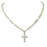 110224, CUBIC ZIRCONIA CROSS PENDANT STAINLESS STEEL PAPERCLIP CHAIN NECKLACE