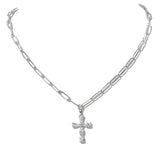 110224, CUBIC ZIRCONIA CROSS PENDANT STAINLESS STEEL PAPERCLIP CHAIN NECKLACE