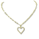 110227, PAVE CUTOUT HEART PENDANT STAINLESS STEEL PAPERCLIP CHAIN NECKLACE