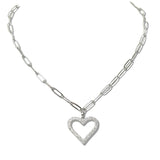 110227, PAVE CUTOUT HEART PENDANT STAINLESS STEEL PAPERCLIP CHAIN NECKLACE