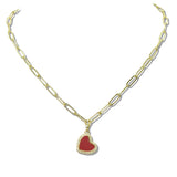 110229, ENAMEL HEART PENDANT STAINLESS STEEL PAPERCLIP CHAIN NECKLACE
