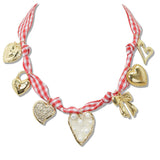 110277, HEART AND BOW CHARM RED GINHAM FABRIC SCARF NECKLACE