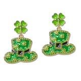 110281, ST PATRICKS DAY LEPRECHAUN HAT CLOVER RHINESTONE ENAMEL EARRING