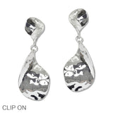 110359, BOLD HAMMERED TEARDROP DANGLE CLIP ON EARRING