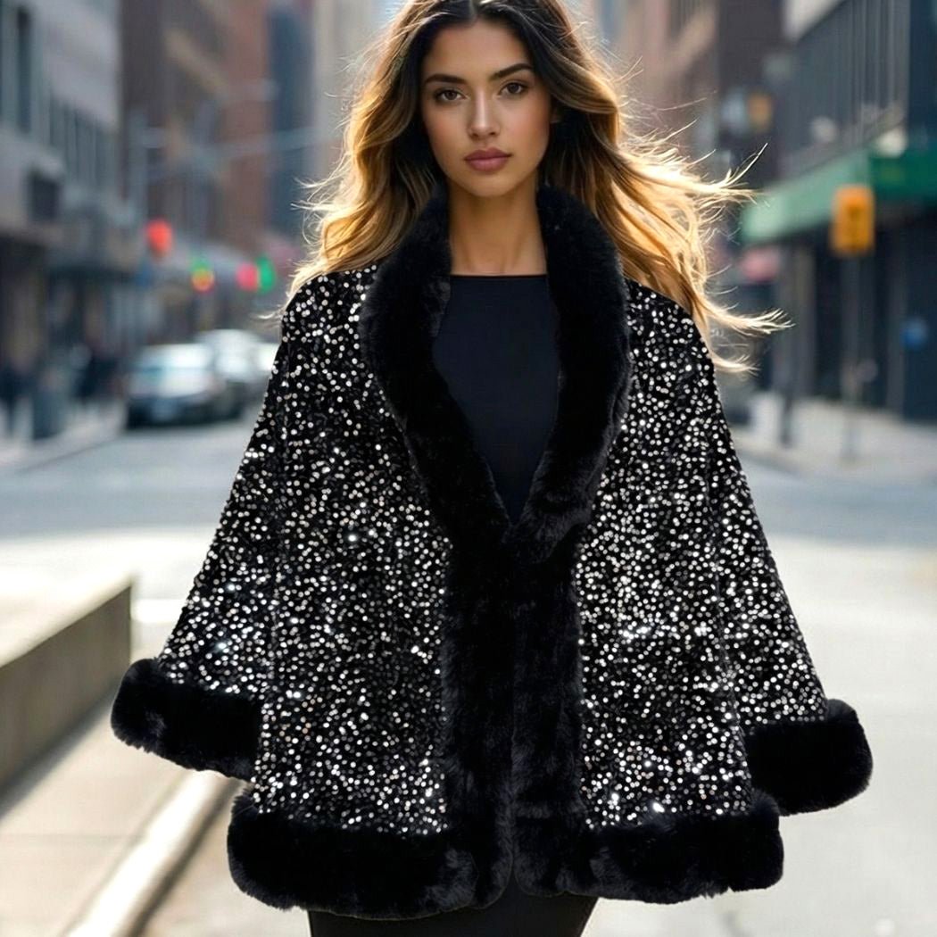 110360, GLAM SEQUIN CAPE TOP WITH FAUX FUR TRIM – GOOD FEELINGS, INC