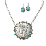110383, WESTERN STYLE TURQUOISE COIN NECKLACE wholesale fashion jewelry - GOOD FEELINGS, INC