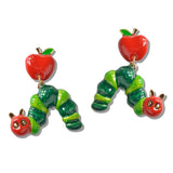 110400, TEACHER APPRECIATION ENAMEL APPLE AND CATERPILLAR STATEMENT DROP EARRINGS