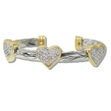 110404, 14K GOLD PLATED TWO TONE CRYSTAL HEART CABLE CUFF BRACELET