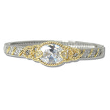 110405, 14K GOLD PLATED TWO TONE OVAL CUBIC ZIRCONIA CABLE BANGLE BRACELET