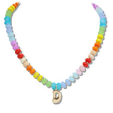 110522, RAINBOW NATURAL STONE BEAD NECKLACE WITH BUBBLE INITIAL CHARM A TO J