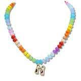 110522, RAINBOW NATURAL STONE BEAD NECKLACE WITH BUBBLE INITIAL CHARM K TO T