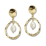 110542, HAMMERED CIRCLE WITH FRESHWATER PEARL DROP EARRING wholesale fashion jewelry - GOOD FEELINGS, INC
