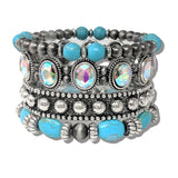 110602, WESTERN CRYSTAL AND TURQUOISE MULTI LAYERED BEADED STRETCH BRACELET wholesale fashion jewelry - GOOD FEELINGS, INC
