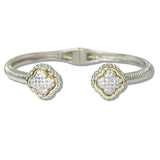 110681, 14K GOLD PLATED CLOVER CUBIC ZIRCONIA OPEN BANGLE BRACELET