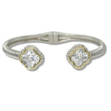 110681, 14K GOLD PLATED CLOVER CUBIC ZIRCONIA OPEN BANGLE BRACELET