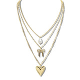 110717, BOW AND FRESHWATER PEARL HEART TRIPLE LAYER NECKLACE
