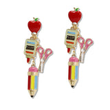 110730, TEACHER APPRECIATION MULTI CHARM APPLE AND SCHOOL SUPPLY EARRINGS