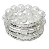 110761, CHUNKY HAMMERED AND MULTI STRAND PEARL STRETCH BRACELET
