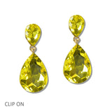 110859, COLORFUL TEARDROP CRYSTAL CLIP ON DROP EARRINGS