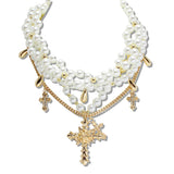 110947, LAYERED PEARL CROSS CHARM 3 PIECE NECKLACE SET