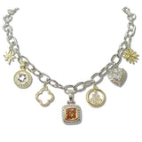 110962, 14K GOLD PLATED HEART CLOVER CUBIC ZIRCONIA MULTI CHARM NECKLACE