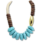 111001, CHUNKY TURQUOISE NUGGET AND WOOD BEAD STATEMENT NECKLACE
