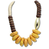 111001, CHUNKY TURQUOISE NUGGET AND WOOD BEAD STATEMENT NECKLACE