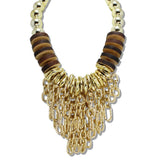 111003, BEADED AND WOOD DISC FRINGE STATEMENT NECKLACE