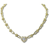 111049, 14K GOLD PLATED HEART CZ INDUSTRIAL LINK DESIGNER INSPIRED NECKLACE