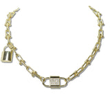 111051, 14K GOLD PLATED PAVE CZ LOCK INDUSTRIAL LINK DESIGNER INSPIRED NECKLACE