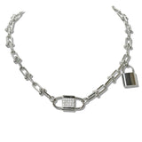 111051, 14K GOLD PLATED PAVE CZ LOCK INDUSTRIAL LINK DESIGNER INSPIRED NECKLACE