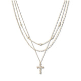 111061, TRIPLE LAYERED CRYSTAL CROSS NECKLACE