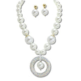111064, PAVE CRYSTAL RING PENDANT PEARL STRAND NECKLACE