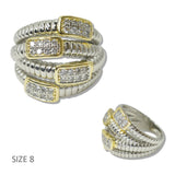 111110, 14K GOLD PLATED TWO TONE TEXTURED PAVE CZ RIBBED DESIGNER INSPIRED RING