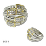 111110, 14K GOLD PLATED TWO TONE TEXTURED PAVE CZ RIBBED DESIGNER INSPIRED RING