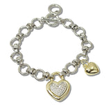 111120, 14K GOLD PLATED PAVE CZ HEART CHARM TOGGLE DESIGNER INPSIRED BRACELET