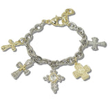 111122, 14K GOLD PLATED MULTI CROSS CHARM DESIGNER INSPIRED BRACELET