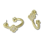 111125, 14K GOLD PLATED PAVE CZ CLOVER CABLE HOOP EARRINGS