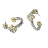 111125, 14K GOLD PLATED PAVE CZ CLOVER CABLE HOOP EARRINGS