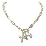111134, 14K GOLD PLATED CZ CROSS AND FRESHWATER PEARL CHARM DESIGNER INSPIRED NECKLACE