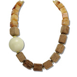 111147, CHUNKY NATURAL WOOD AND MARBLED RESIN CUBE BEAD STATEMENT NECKLACE