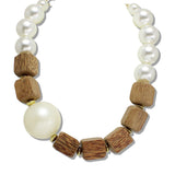 111148, CHUNKY PEARL AND NATURAL WOOD BEAD STATEMENT NECKLACE