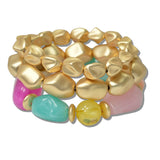 111208, MATTE GOLD AND RESIN NUGGET BEADED MULTI LAYERED STRETCH BRACELET
